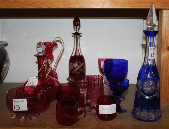 Cranberry & Bristol Blue glassware & 2 decanters